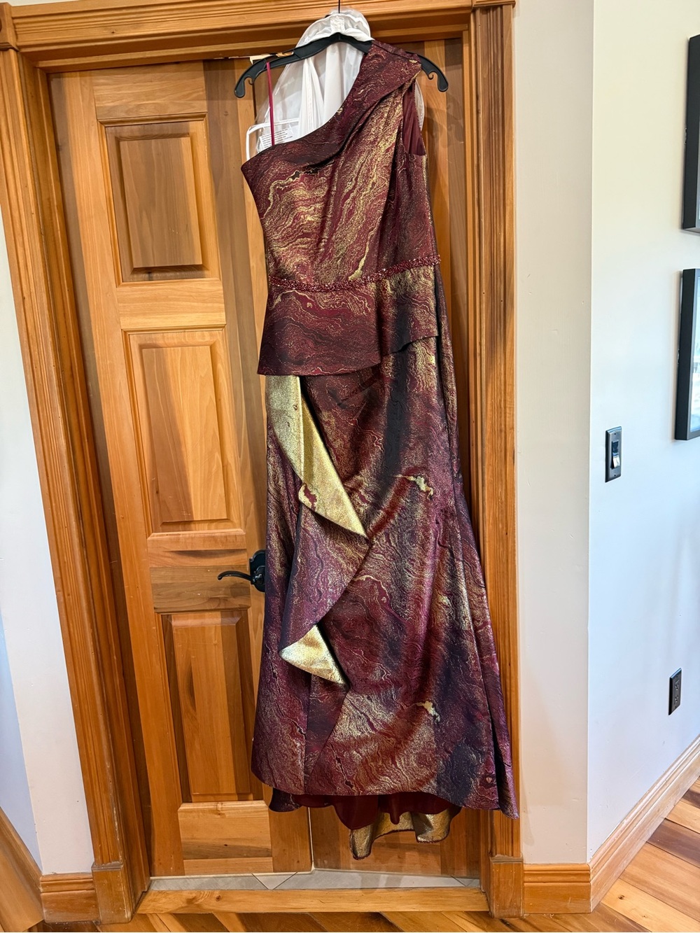 Terani Couture One-Shoulder Burgundy and Metallic Gold Gown - Picture 1 of 14